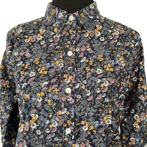 L.L. Bean Indigo Floral Oxford Button-Up Shirt Cotton Wrinkle Free